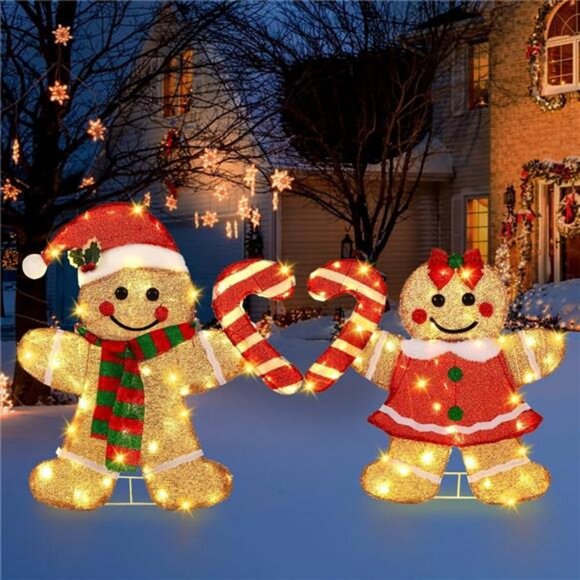 22.5’’ Lighted Christmas Yard Decor 2pcs Light Up Gingerbread Man Couple Decor - Picture 5 of 8